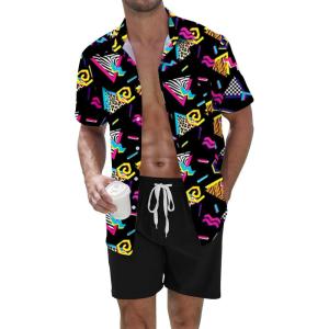 imageUOUA Mens Beach 2 Piece Outfits Hawaiian Flower Button Down Shirts and Shorts SetsBlack80s