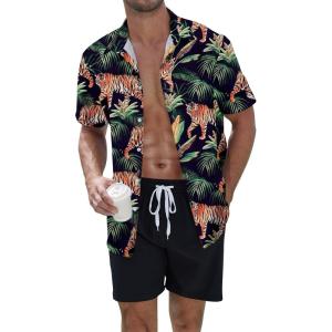 imageUOUA Mens Beach 2 Piece Outfits Hawaiian Flower Button Down Shirts and Shorts SetsBlacktiger