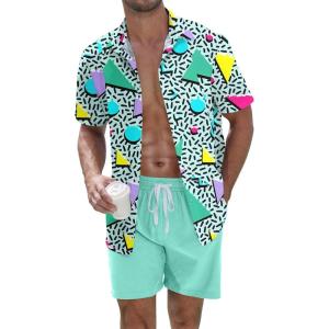 imageUOUA Mens Beach 2 Piece Outfits Hawaiian Flower Button Down Shirts and Shorts SetsGreen80s