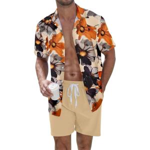 imageUOUA Mens Beach 2 Piece Outfits Hawaiian Flower Button Down Shirts and Shorts SetsKakhiflower