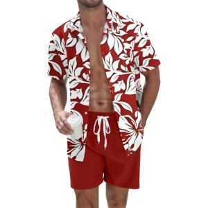 imageUOUA Mens Beach 2 Piece Outfits Hawaiian Flower Button Down Shirts and Shorts SetsRedflower