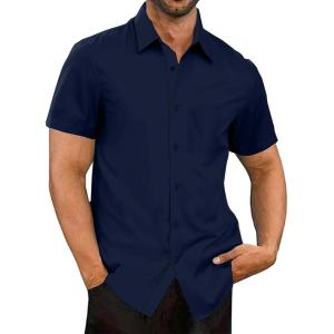 imageUOUA Mens Button Down Short Sleeve Dress Shirts Wrinkle Free Business Shirt Summer Casual TopAnavy Blue