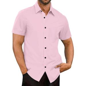 imageUOUA Mens Button Down Short Sleeve Dress Shirts Wrinkle Free Business Shirt Summer Casual TopApink