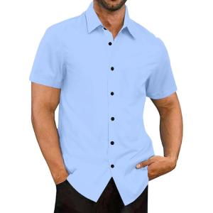imageUOUA Mens Button Down Short Sleeve Dress Shirts Wrinkle Free Business Shirt Summer Casual TopAsky Blue