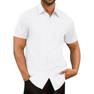 imageUOUA Mens Button Down Short Sleeve Dress Shirts Wrinkle Free Business Shirt Summer Casual TopAwhite