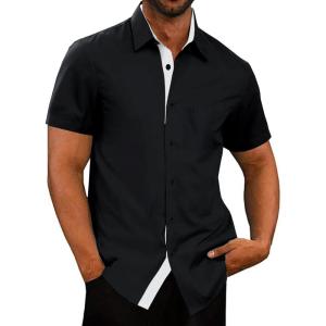 imageUOUA Mens Button Down Short Sleeve Dress Shirts Wrinkle Free Business Shirt Summer Casual TopB2black