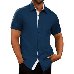 imageUOUA Mens Button Down Short Sleeve Dress Shirts Wrinkle Free Business Shirt Summer Casual TopB2darkblue