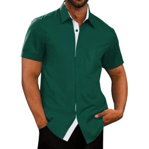 imageUOUA Mens Button Down Short Sleeve Dress Shirts Wrinkle Free Business Shirt Summer Casual TopB2darkgreen
