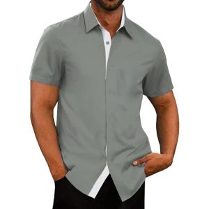 imageUOUA Mens Button Down Short Sleeve Dress Shirts Wrinkle Free Business Shirt Summer Casual TopB2grey