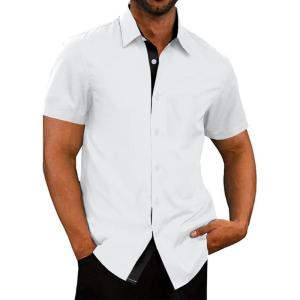 imageUOUA Mens Button Down Short Sleeve Dress Shirts Wrinkle Free Business Shirt Summer Casual TopB2white