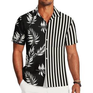 imageUOUA Mens Hawaiian Shirt Short Sleeve Flamingo Button Down Shirts Summer Tropical Printed Beach TopsBlackwhiteleave