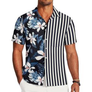 imageUOUA Mens Hawaiian Shirt Short Sleeve Flamingo Button Down Shirts Summer Tropical Printed Beach TopsNavywhiteflower