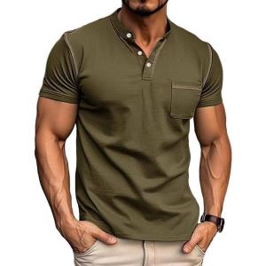 imageUOUA Mens Henley Shirts Short Sleeve Casual TShirts Cotton Basic Tops01 Army Green