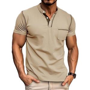 imageUOUA Mens Henley Shirts Short Sleeve Casual TShirts Cotton Basic Tops01 Khaki
