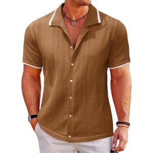 imageUOUA Mens Knit Button Down Shirt Short Sleeve Vintage Shirts Breathable Summer Beach TopsBrown