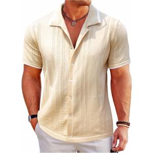 imageUOUA Mens Knit Button Down Shirt Short Sleeve Vintage Shirts Breathable Summer Beach TopsCream