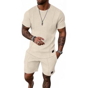 imageUOUA Mens Short Sets 2 Piece Summer Outfits Casual Short Sleeve CrewNeck Shirts ampamp Shorts Track Suit Jogging LoungewearBeige