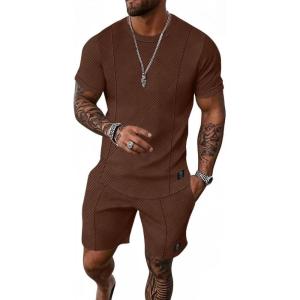 imageUOUA Mens Short Sets 2 Piece Summer Outfits Casual Short Sleeve CrewNeck Shirts ampamp Shorts Track Suit Jogging LoungewearBrown