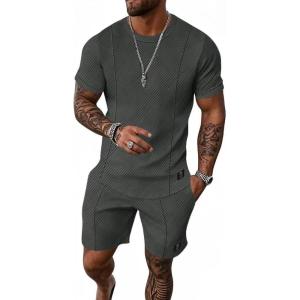 imageUOUA Mens Short Sets 2 Piece Summer Outfits Casual Short Sleeve CrewNeck Shirts ampamp Shorts Track Suit Jogging LoungewearDark Grey
