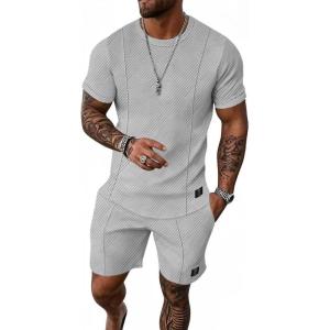imageUOUA Mens Short Sets 2 Piece Summer Outfits Casual Short Sleeve CrewNeck Shirts ampamp Shorts Track Suit Jogging LoungewearGrey