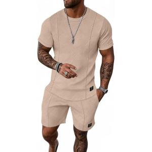 imageUOUA Mens Short Sets 2 Piece Summer Outfits Casual Short Sleeve CrewNeck Shirts ampamp Shorts Track Suit Jogging LoungewearKhaki