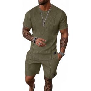 imageUOUA Mens Short Sets 2 Piece Summer Outfits Casual Short Sleeve CrewNeck Shirts ampamp Shorts Track Suit Jogging LoungewearOlive