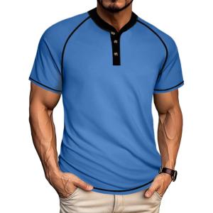 imageUOUA Mens Short Sleeve Henley Shirts Casual Comfortable Cotton TShirt Raglan Sleeve Summer Vintage Button Tops01 Lake Blue