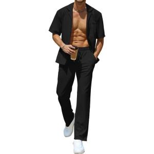 imageUOUA Mens Summer 2 Piece Set Casual Outfits Button Short Sleeve Shirt ampamp Loose Pants Textured Striped Tracksuit Walking SuitsClassicblack