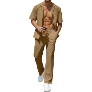 imageUOUA Mens Summer 2 Piece Set Casual Outfits Button Short Sleeve Shirt ampamp Loose Pants Textured Striped Tracksuit Walking SuitsClassickhaki