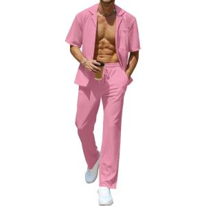 imageUOUA Mens Summer 2 Piece Set Casual Outfits Button Short Sleeve Shirt ampamp Loose Pants Textured Striped Tracksuit Walking SuitsClassicpink