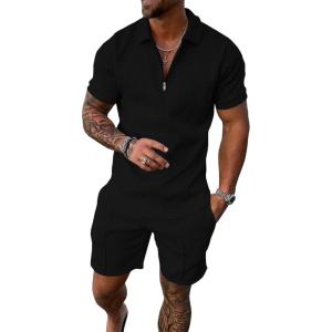 imageUOUA Mens Summer Track Suits 2 Piece Shorts Sets Short Sleeve Sweatsuit Outfits 14 Zip Golf Polo Shirts LoungewearBlack