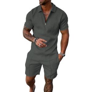 imageUOUA Mens Summer Track Suits 2 Piece Shorts Sets Short Sleeve Sweatsuit Outfits 14 Zip Golf Polo Shirts LoungewearDark Grey