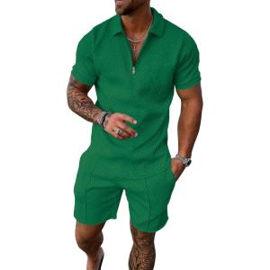 imageUOUA Mens Summer Track Suits 2 Piece Shorts Sets Short Sleeve Sweatsuit Outfits 14 Zip Golf Polo Shirts LoungewearGreen
