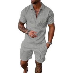 imageUOUA Mens Summer Track Suits 2 Piece Shorts Sets Short Sleeve Sweatsuit Outfits 14 Zip Golf Polo Shirts LoungewearGrey