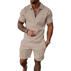 imageUOUA Mens Summer Track Suits 2 Piece Shorts Sets Short Sleeve Sweatsuit Outfits 14 Zip Golf Polo Shirts LoungewearKhaki