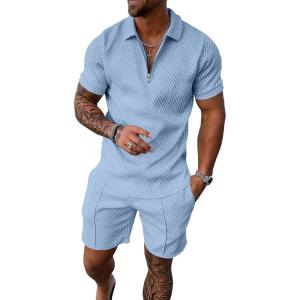 imageUOUA Mens Summer Track Suits 2 Piece Shorts Sets Short Sleeve Sweatsuit Outfits 14 Zip Golf Polo Shirts LoungewearLight Blue