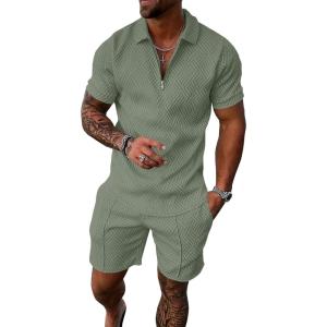 imageUOUA Mens Summer Track Suits 2 Piece Shorts Sets Short Sleeve Sweatsuit Outfits 14 Zip Golf Polo Shirts LoungewearLight Green