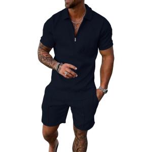 imageUOUA Mens Summer Track Suits 2 Piece Shorts Sets Short Sleeve Sweatsuit Outfits 14 Zip Golf Polo Shirts LoungewearNavy Blue
