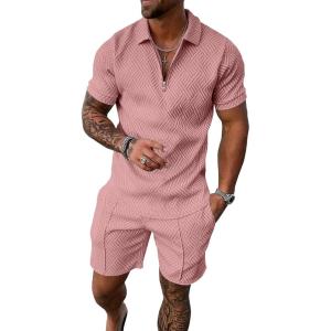 imageUOUA Mens Summer Track Suits 2 Piece Shorts Sets Short Sleeve Sweatsuit Outfits 14 Zip Golf Polo Shirts LoungewearPink