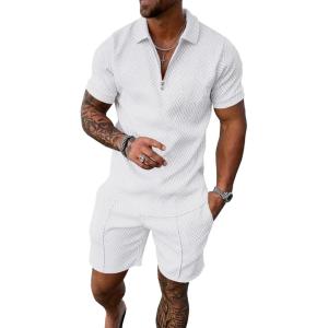 imageUOUA Mens Summer Track Suits 2 Piece Shorts Sets Short Sleeve Sweatsuit Outfits 14 Zip Golf Polo Shirts LoungewearWhite