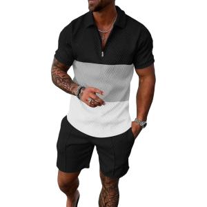 imageUOUA Mens Summer Track Suits 2 Piece Shorts Sets Short Sleeve Sweatsuit Outfits 14 Zip Golf Polo Splicing Striped ShirtsBlock Black