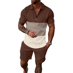imageUOUA Mens Summer Track Suits 2 Piece Shorts Sets Short Sleeve Sweatsuit Outfits 14 Zip Golf Polo Splicing Striped ShirtsBlock Brown