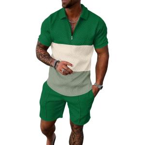 imageUOUA Mens Summer Track Suits 2 Piece Shorts Sets Short Sleeve Sweatsuit Outfits 14 Zip Golf Polo Splicing Striped ShirtsBlock Green