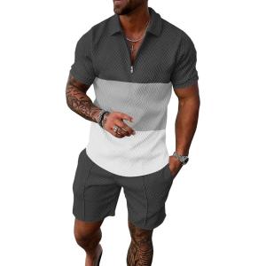 imageUOUA Mens Summer Track Suits 2 Piece Shorts Sets Short Sleeve Sweatsuit Outfits 14 Zip Golf Polo Splicing Striped ShirtsBlock Grey