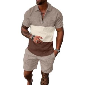 imageUOUA Mens Summer Track Suits 2 Piece Shorts Sets Short Sleeve Sweatsuit Outfits 14 Zip Golf Polo Splicing Striped ShirtsBlock Khaki