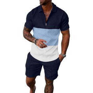 imageUOUA Mens Summer Track Suits 2 Piece Shorts Sets Short Sleeve Sweatsuit Outfits 14 Zip Golf Polo Splicing Striped ShirtsBlock Navy