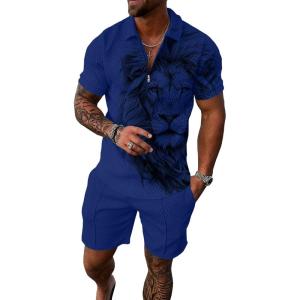 imageUOUA Mens Summer Track Suits 2 Piece Shorts Sets Short Sleeve Sweatsuit Outfits 14 Zip Golf Polo Splicing Striped ShirtsBlue Lion