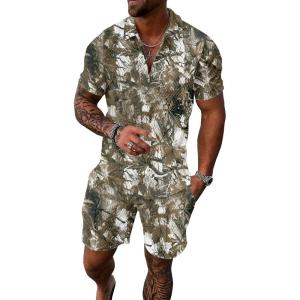 imageUOUA Mens Summer Track Suits 2 Piece Shorts Sets Short Sleeve Sweatsuit Outfits 14 Zip Golf Polo Splicing Striped ShirtsBrown Leaves