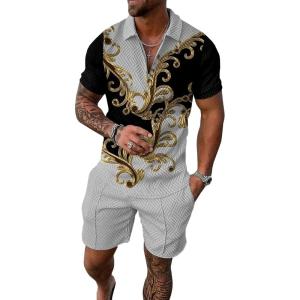 imageUOUA Mens Summer Track Suits 2 Piece Shorts Sets Short Sleeve Sweatsuit Outfits 14 Zip Golf Polo Splicing Striped ShirtsGoldflower Grey
