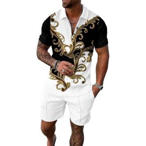 imageUOUA Mens Summer Track Suits 2 Piece Shorts Sets Short Sleeve Sweatsuit Outfits 14 Zip Golf Polo Splicing Striped ShirtsGoldflower White